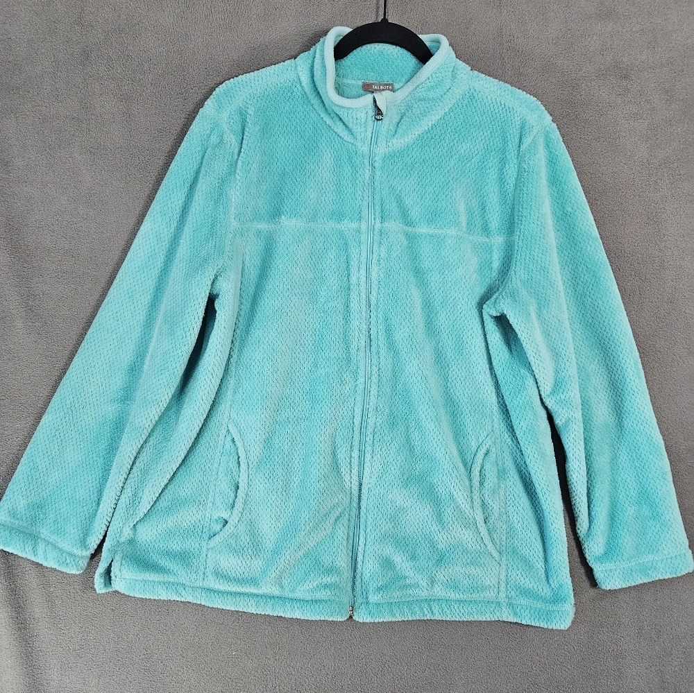 Talbots Womens Plus 1X Teddie Bear Sweatshirt Mint Green Full Zip Pockets